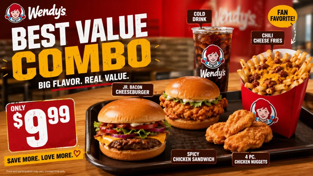 Wendy’s Best Value Combo featuring Jr. Bacon Cheeseburger, Spicy Chicken Sandwich, 4pc Chicken Nuggets, Chili Cheese Fries, and a cold drink for $9.99.