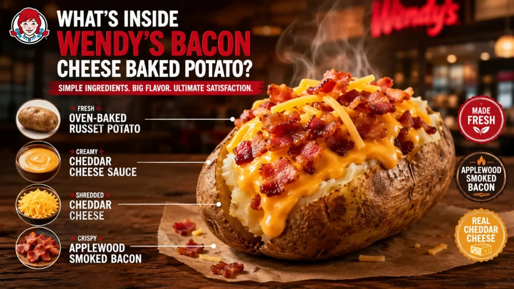 A detailed view of Wendy's Bacon Cheese Baked Potato, featuring layers of cheese, bacon, and a soft baked potato.