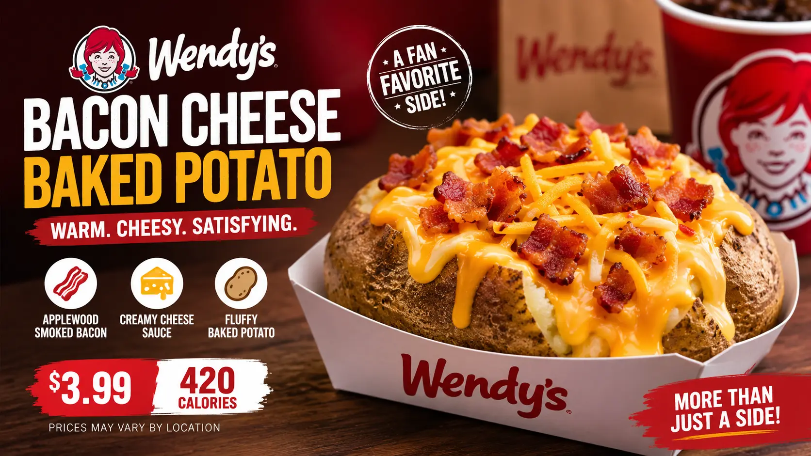 A Wendy's Bacon Cheese Baked Potato topped with crispy bacon, melted cheese, and a dollop of sour cream.