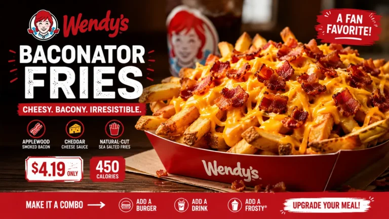 Promotional image of Wendy's Baconator Fries, showcasing fries loaded with cheese and bacon, now available at a discount.