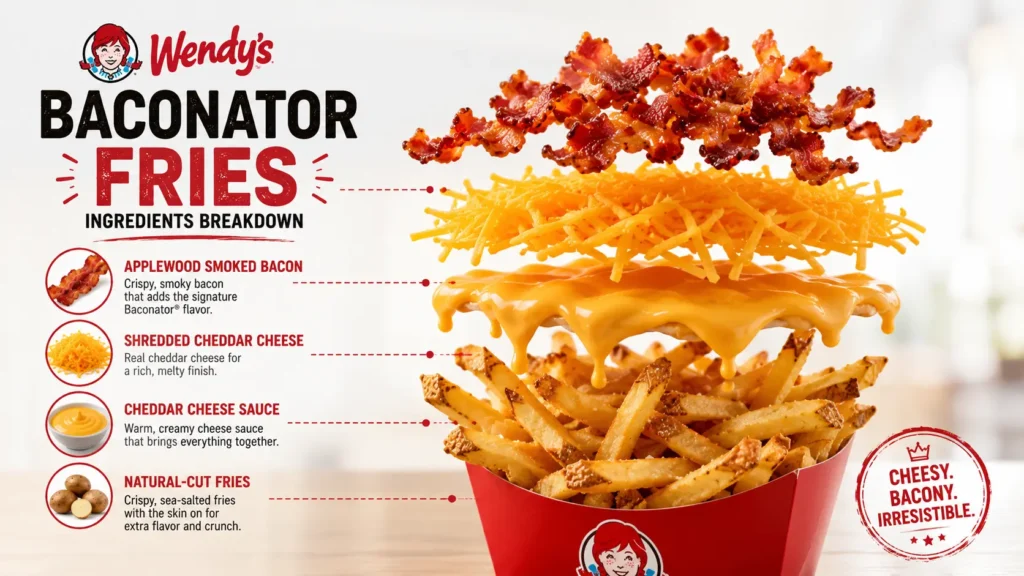Wendy’s Baconator Fries ingredients: crispy fries topped with bacon, melted cheese, and savory onions for a delicious treat.