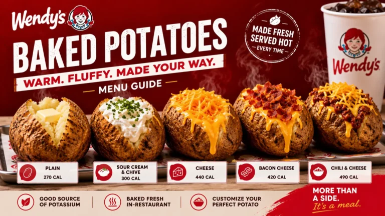 A display of Wendy's baked potatoes, highlighting their golden skin and various toppings available for customization.