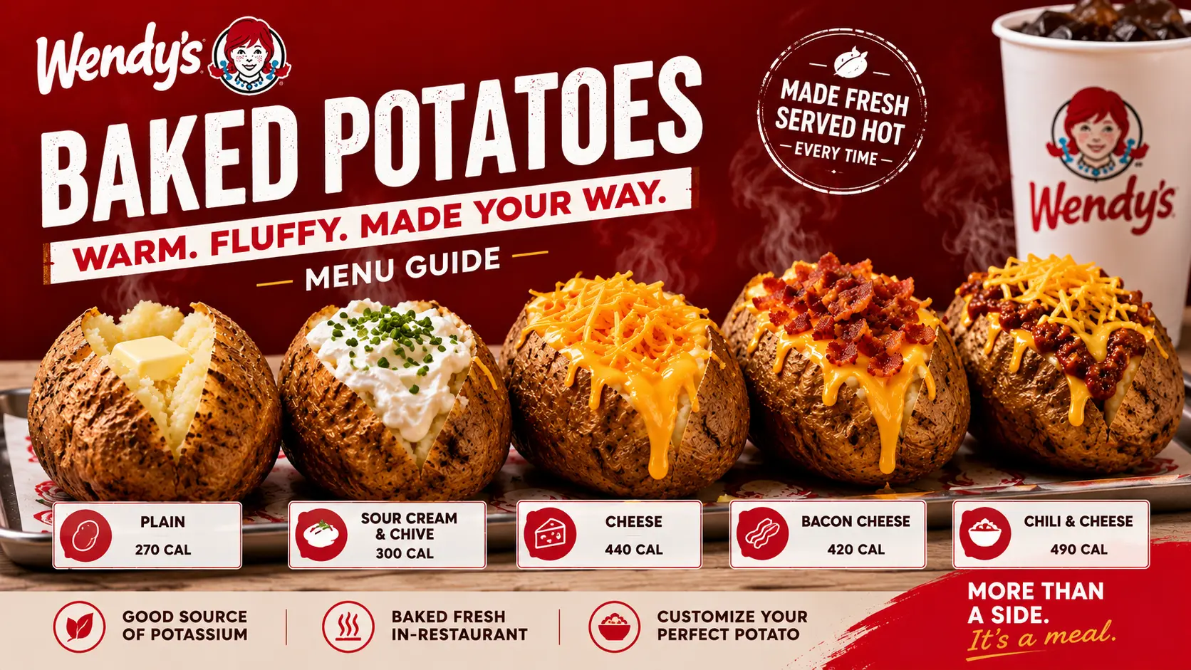 A display of Wendy's baked potatoes, highlighting their golden skin and various toppings available for customization.
