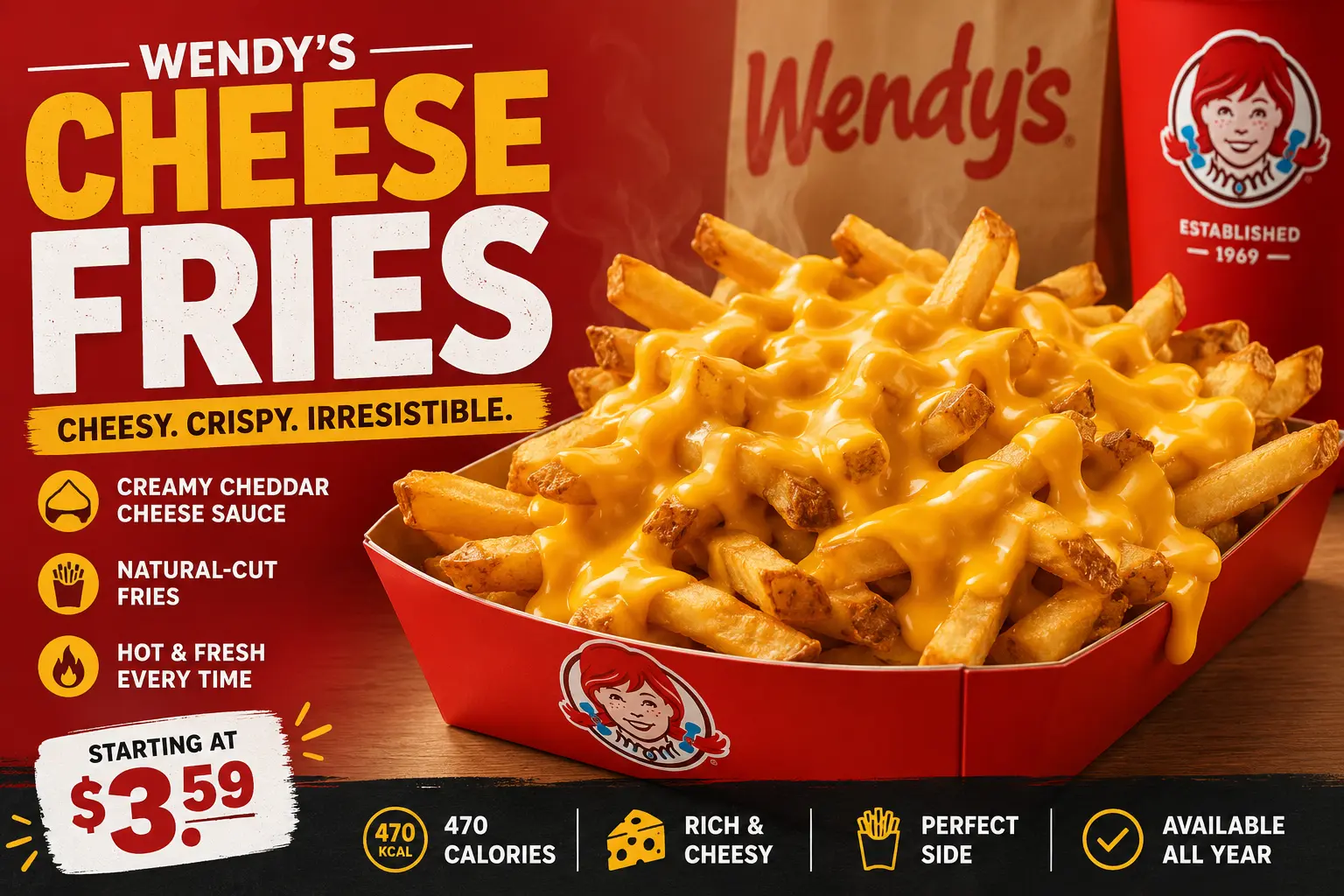 Enjoy Wendy's cheese fries, a new offering of crispy fries generously covered in creamy cheese sauce.