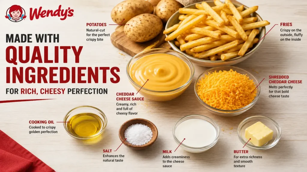 A selection of wendy's cheese ingredients like cheddar cheese sauce, milk, butter, salt, cooking oil, fries and potatoes.
