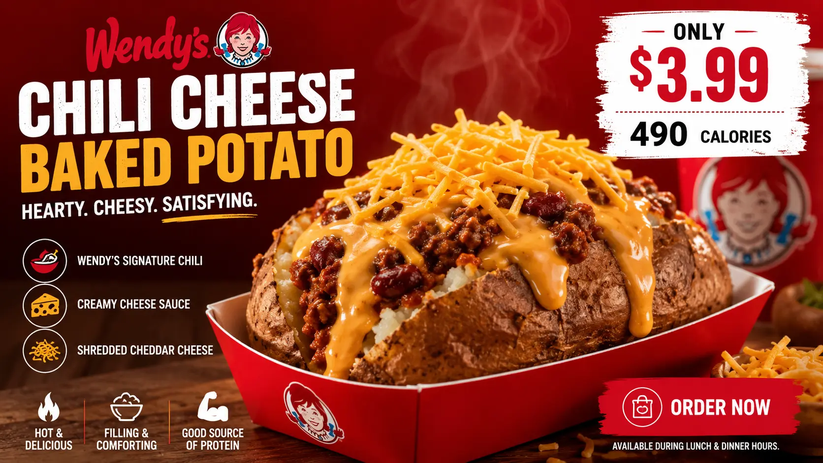 A Wendy's Chili Cheese Baked Potato topped with chili, cheese, and green onions, served in a white bowl.
