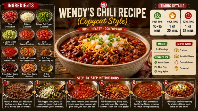 A close-up of Wendy's chili recipe, showcasing a hearty mix of beans, meat, and seasonings in a rustic bowl.