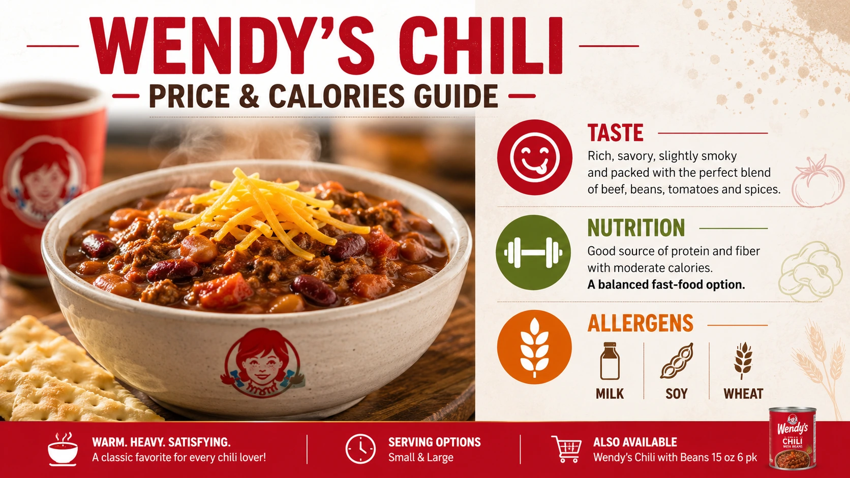 Wendy's chili price and calorie guide displayed on a menu board with clear pricing and nutritional information.