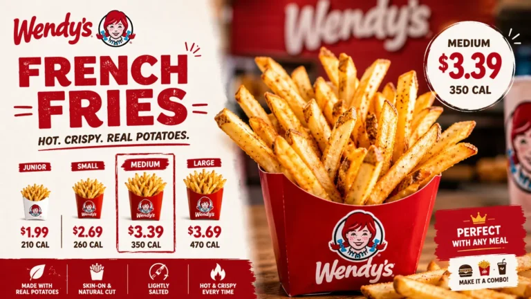 A promotional image of Wendy's French fries, showcasing their golden color and crispy texture in a branded container.