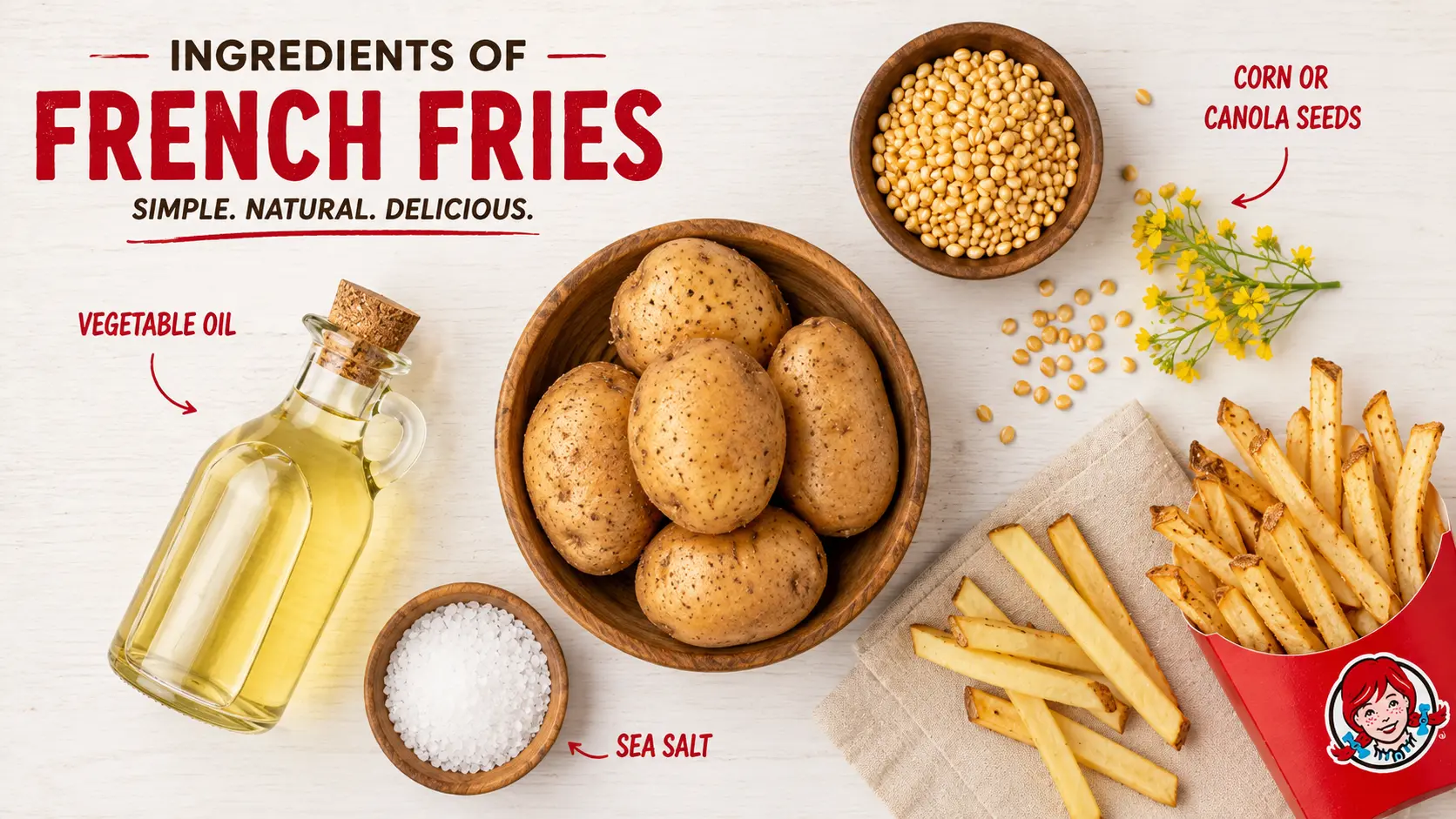A collection of ingredients for Wendy's French fries, featuring fresh potatoes, cooking oil, and seasoning blends.