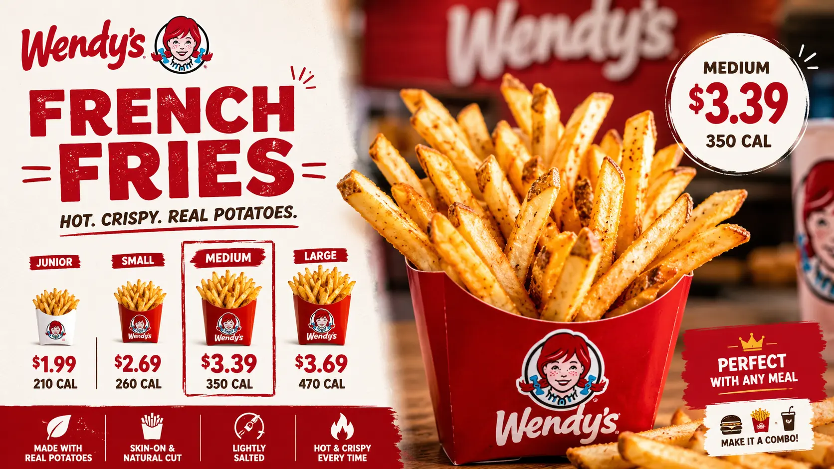 A promotional image of Wendy's French fries, showcasing their golden color and crispy texture in a branded container.