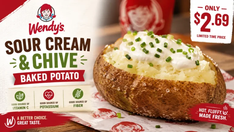 A Wendy's sour cream and chive baked potato topped with creamy sour cream and fresh chives on a white plate.