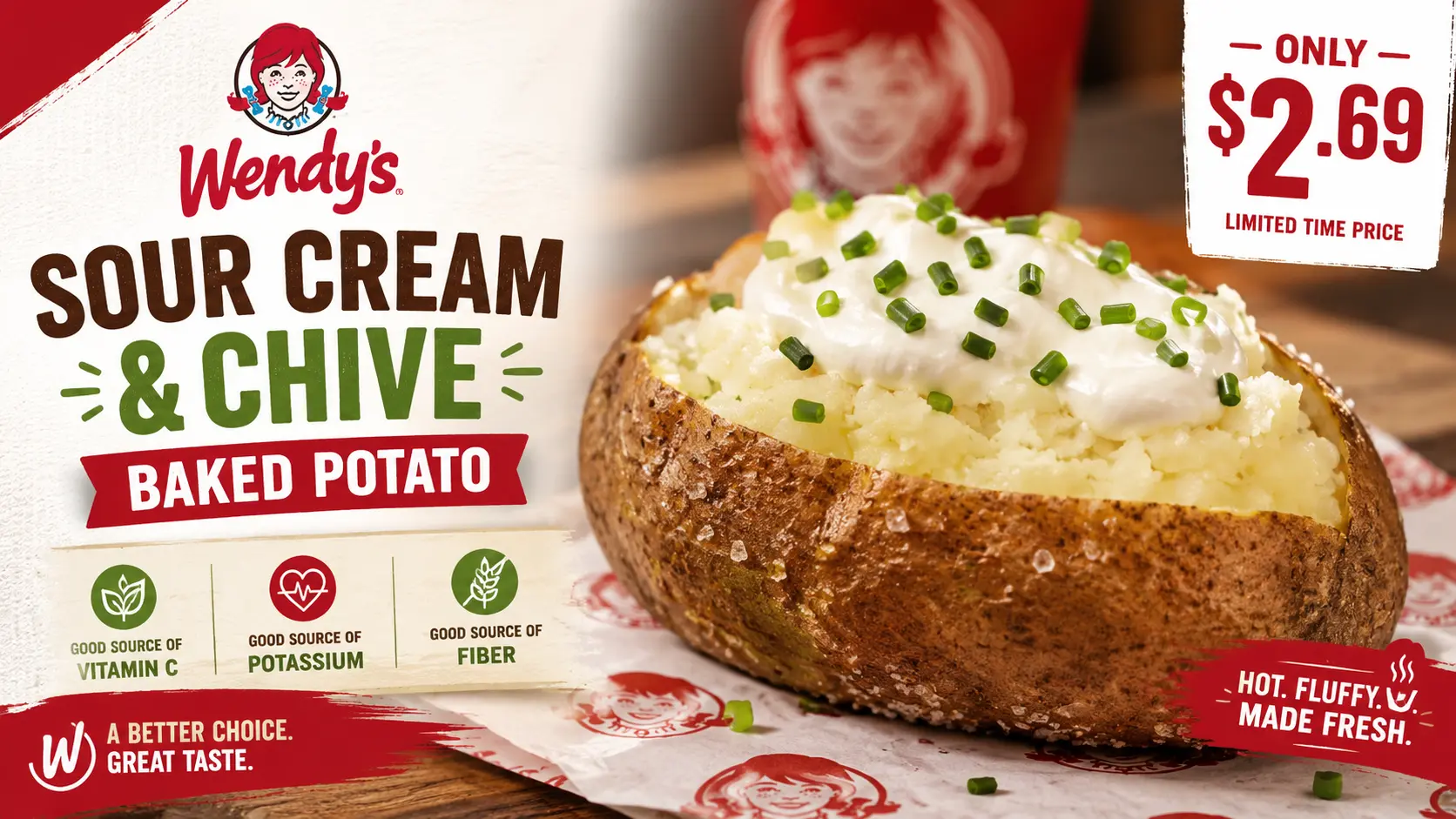 A Wendy's sour cream and chive baked potato topped with creamy sour cream and fresh chives on a white plate.