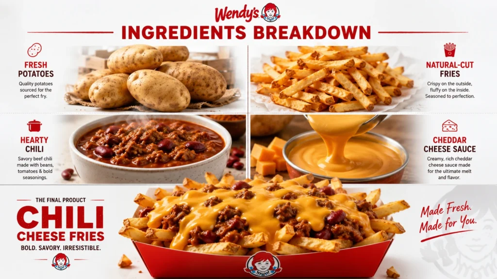 Wendy's Chili Cheese Fries ingredients: fresh potatoes, natural-cut fries, hearty chili with beans, and creamy cheddar cheese sauce.