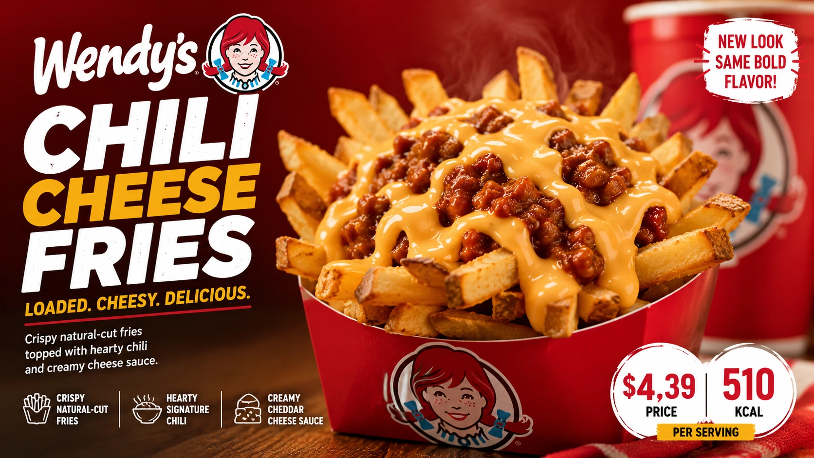 A serving of Wendy’s Chili Cheese Fries topped with chili and cheese sauce, placed on a wooden table with price and calorie information visible.
