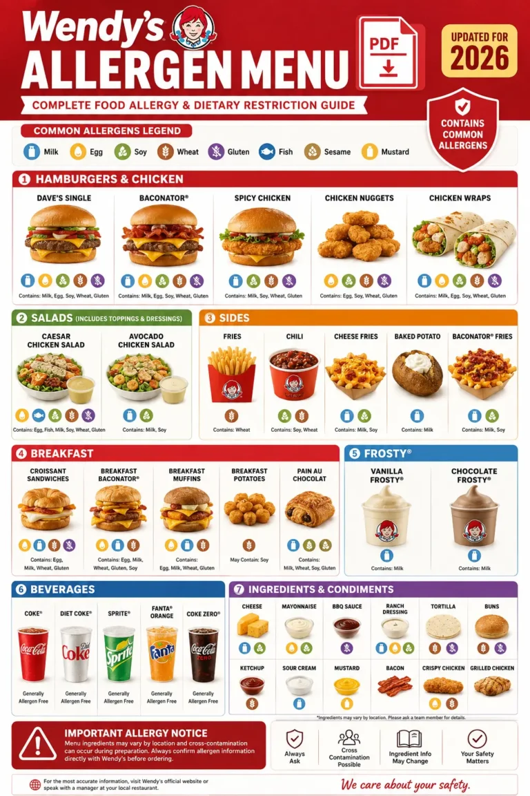 Wendy's allergen menu 2026 highlighting food items and their allergen information for customer safety.