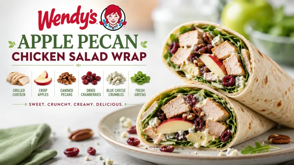 A Wendy's apple pecan chicken salad wrap, featuring grilled chicken, apples, pecans, and greens in a soft tortilla.
