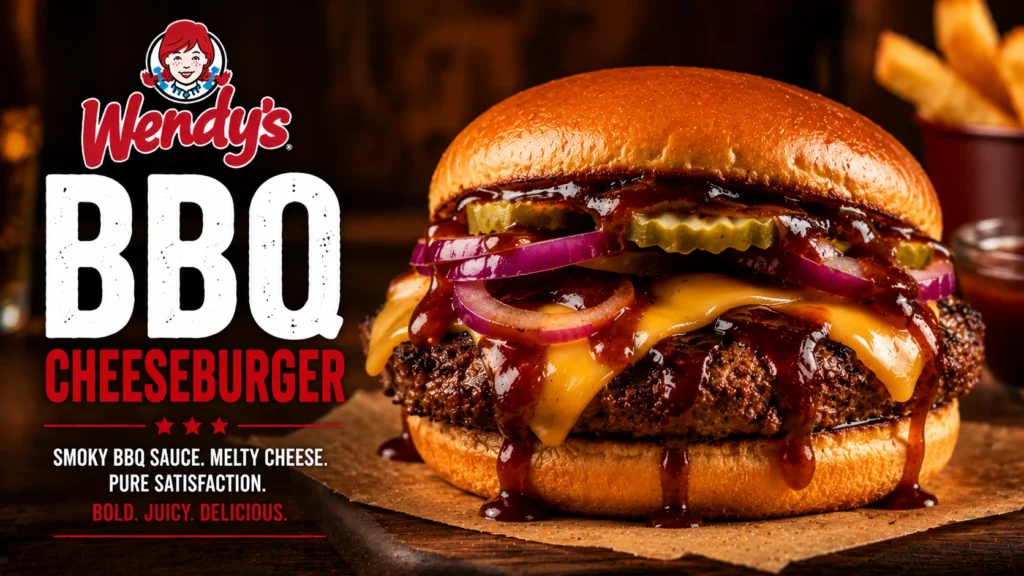 A Wendy's BBQ cheeseburger featuring a beef patty, melted cheese, crispy onions, and BBQ sauce on a toasted bun.