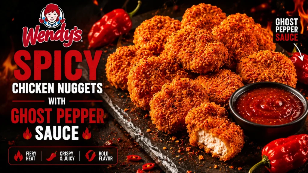 Spicy chicken nuggets served with a side of ghost pepper sauce in a white bowl.