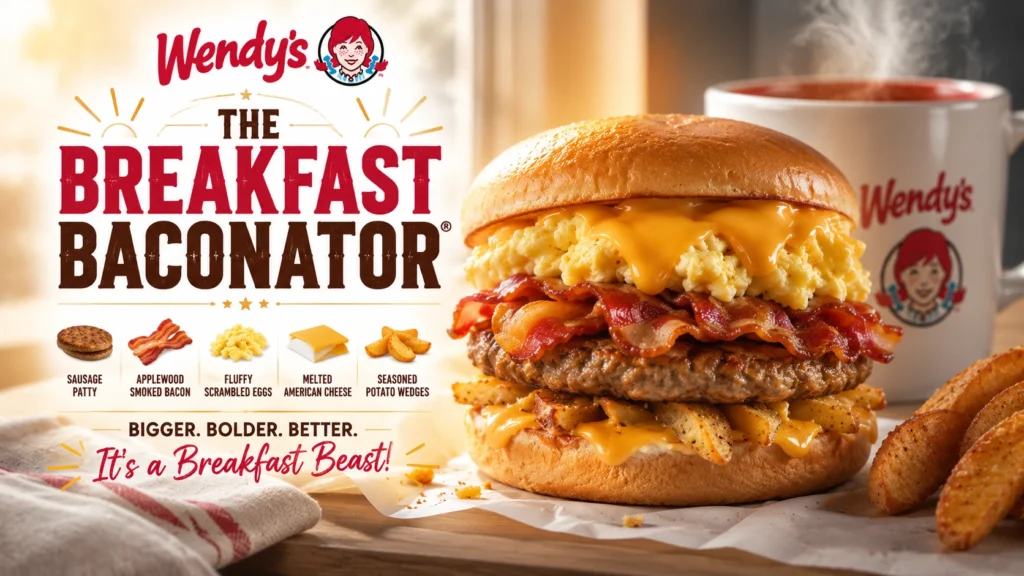 A Wendy's Breakfast Baconator featuring layers of bacon, sausage, and a fried egg on a toasted bun.