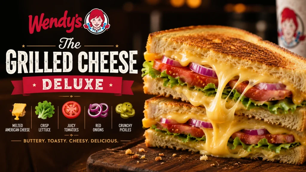Wendy's Grilled Cheese Deluxe, showcasing gooey cheese on toasted bread, accompanied by crispy fries.