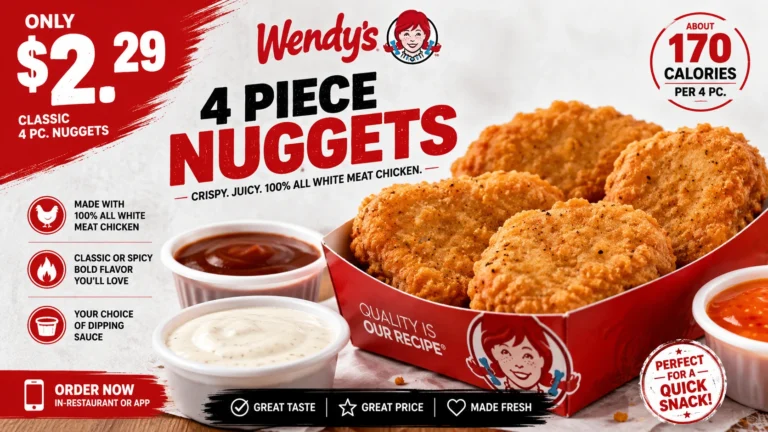 Wendy's 4 piece nuggets are featured in a sale, priced at $2.29 each, encouraging customers to take advantage of the offer.