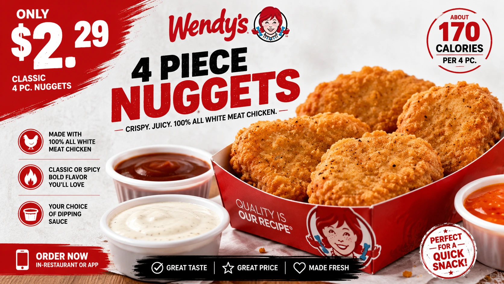Wendy's 4 piece nuggets are featured in a sale, priced at $2.29 each, encouraging customers to take advantage of the offer.