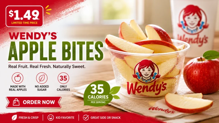 Wendy's apple bites priced at $1.99, featuring fresh apple slices in a promotional display.