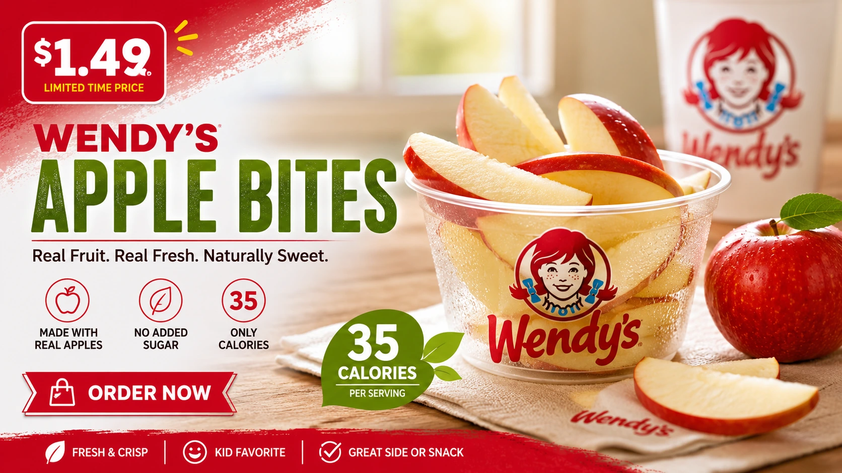 Wendy's apple bites priced at $1.99, featuring fresh apple slices in a promotional display.