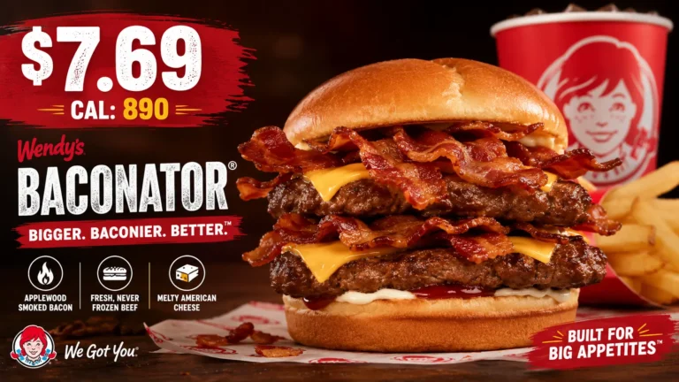 Close-up of Wendy's Baconator burger featuring layers of bacon, beef, and cheese. Priced at $7.69 with 890 calories. Fries and drink in the background.
