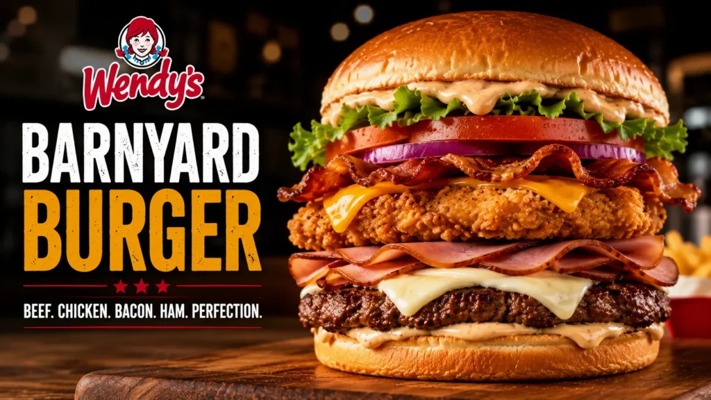 A large Wendy's Barnyard Burger featuring layers of bacon, cheese, and beef patty stacked high.