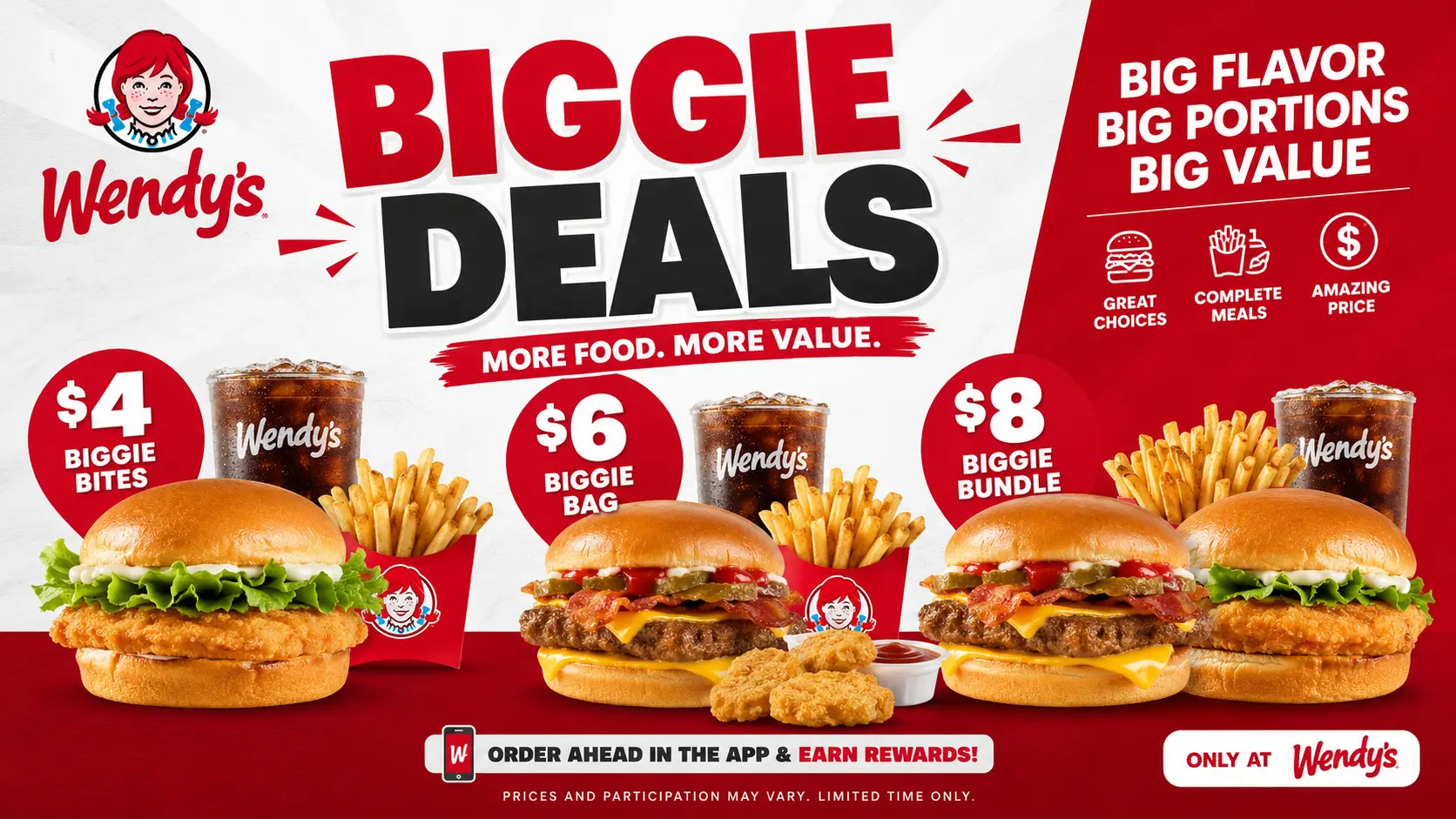 A promotional graphic showcasing Wendy's Biggie Deals, featuring various meal options and pricing information.