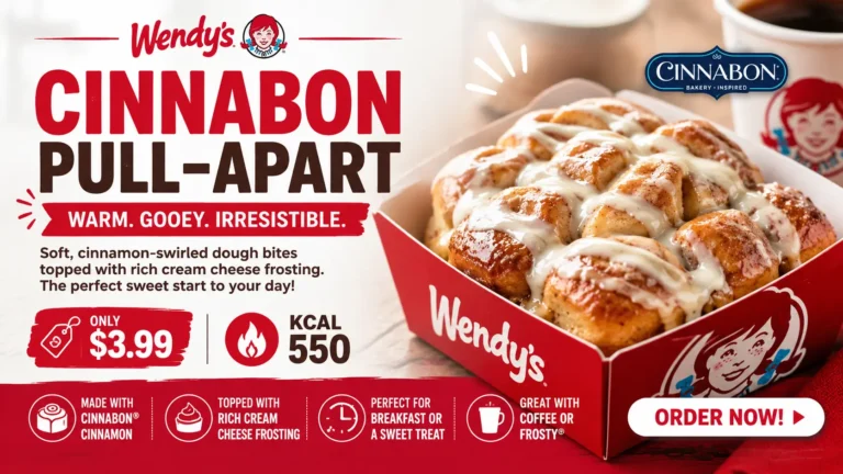 Wendy's Cinnabon Pull-Apart, a warm, gooey cinnamon pastry topped with icing, served in a pull-apart style.