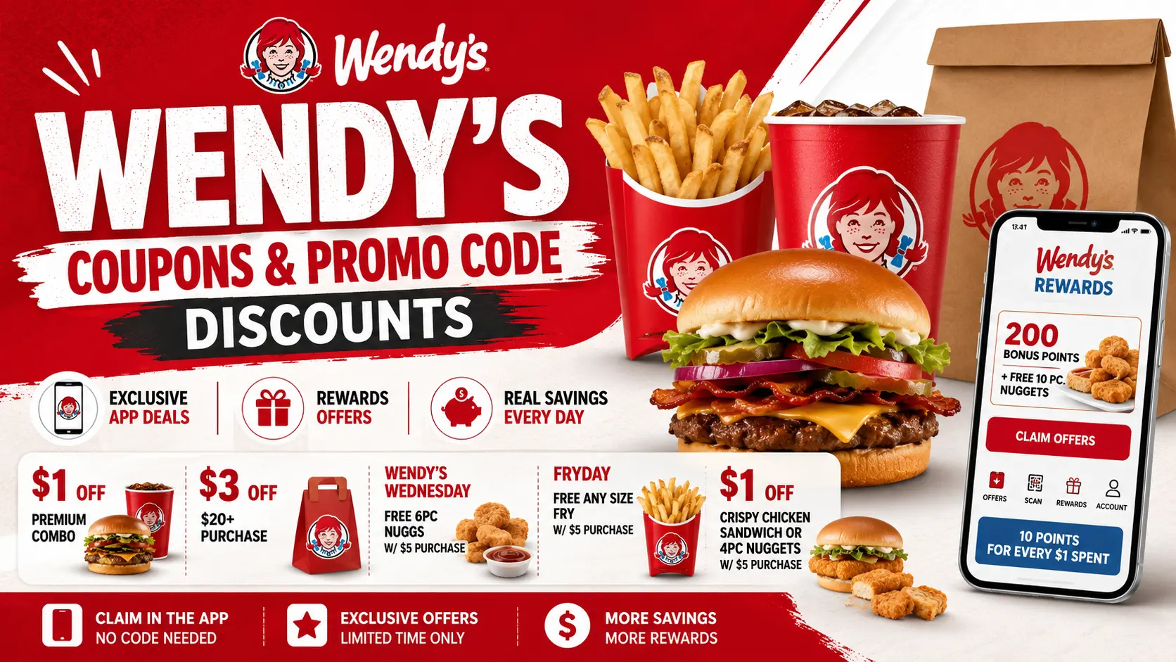 A collection of Wendy's coupons and promo codes displayed on a table, featuring various discounts and offers.