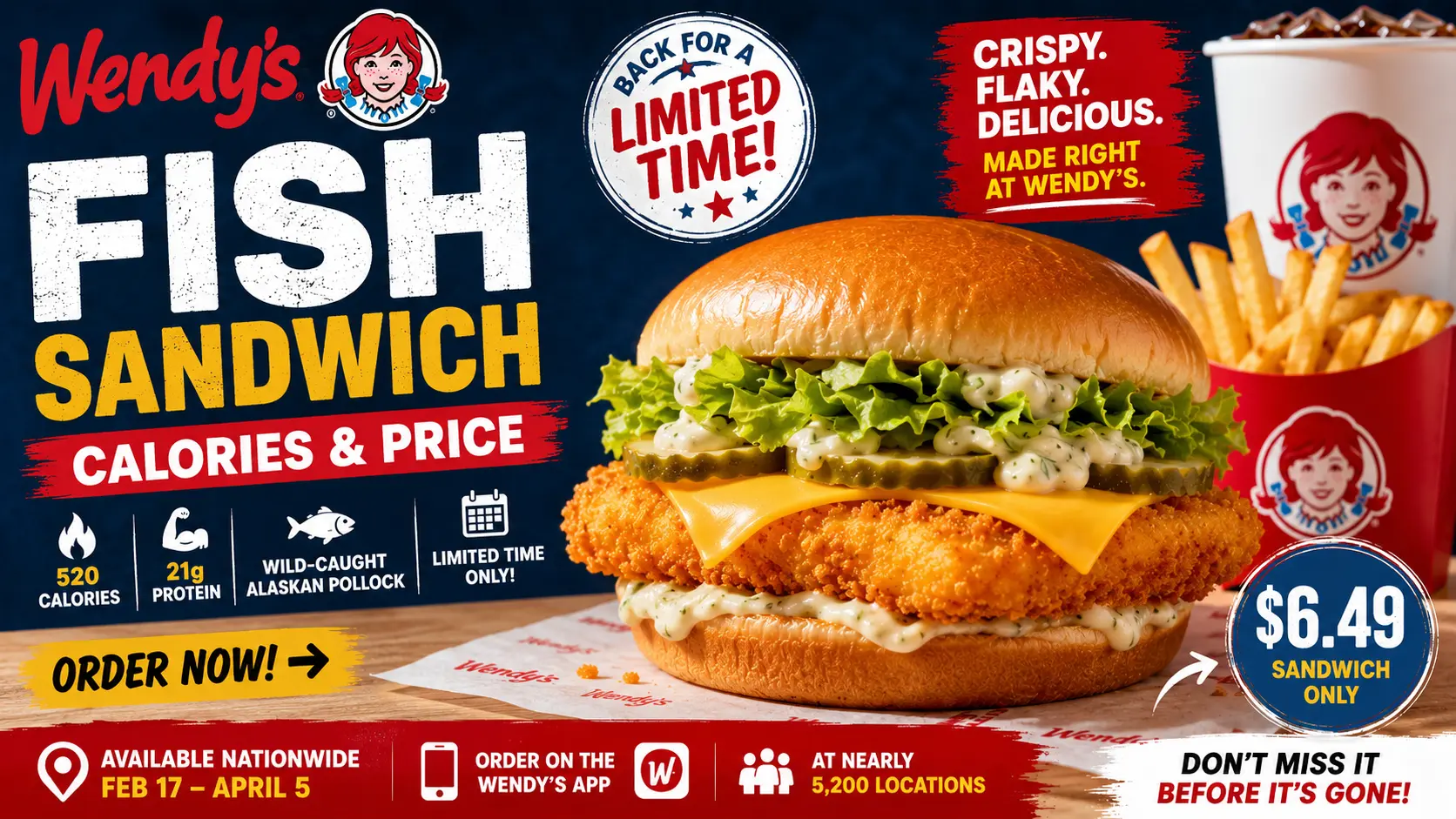 A Wendy's fish sandwich featuring a crispy fillet, lettuce, and tartar sauce on a toasted bun, presented in an advertisement.
