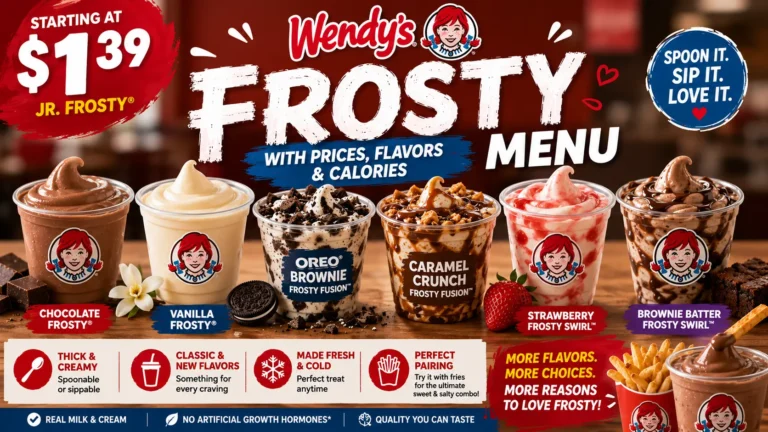 Wendy’s Frosty Menu featuring various flavors and sizes of their signature frozen dessert.