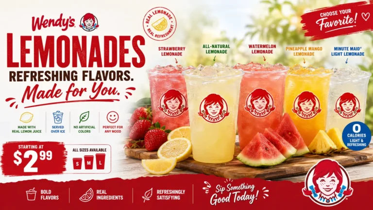 A selection of Wendy's lemonades drinks, highlighting colorful cups filled with refreshing lemonade and ice cubes.