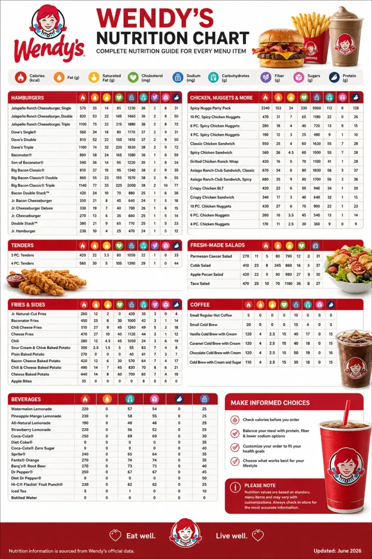 Wendy's Nutrition chart featuring detailed nutritional values for various food options available at Wendy's.