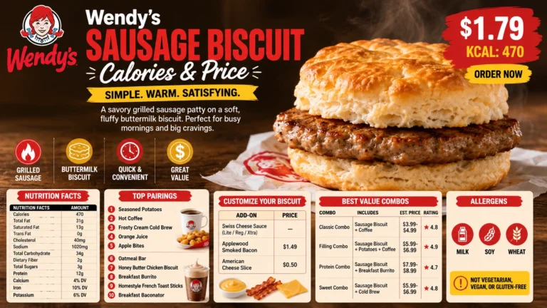 Wendy's Sausage Biscuit displayed on the menu, featuring a flaky biscuit and a savory sausage patty.