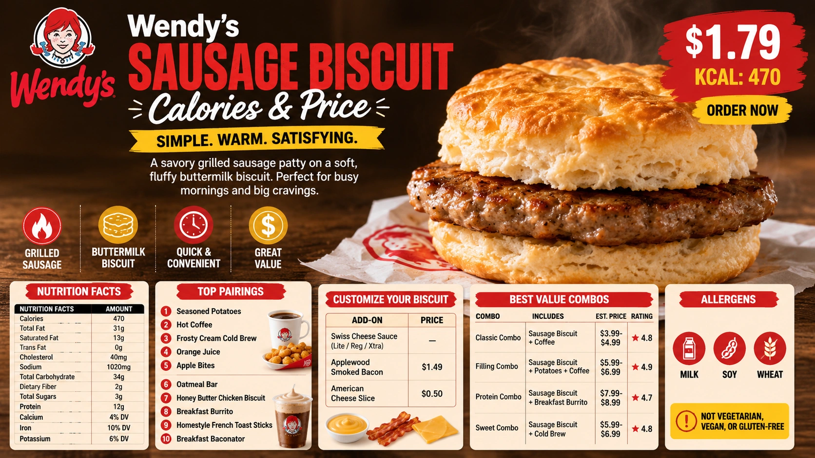 Wendy's Sausage Biscuit displayed on the menu, featuring a flaky biscuit and a savory sausage patty.