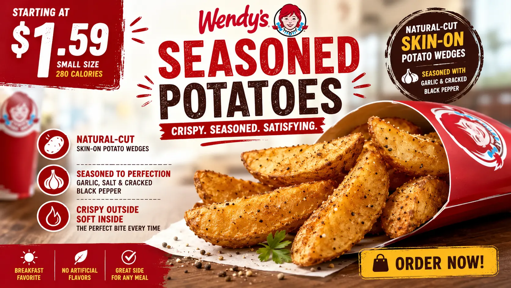 Wendy's Seasoned Potatoes wedges served in a red container, showcasing their crispy texture and flavorful seasoning.