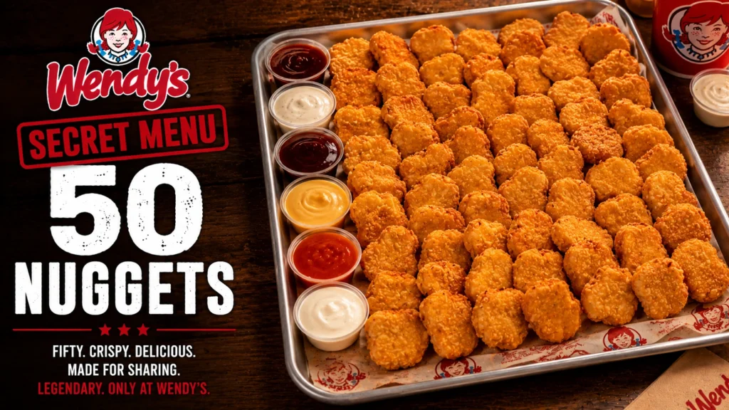 A tray filled with golden chicken nuggets accompanied by dipping sauce and ketchup.