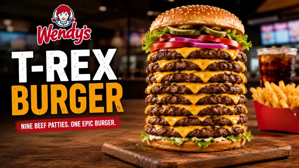 A T-Rex burger displayed at Wendy's, featuring a large beef patty, lettuce, and tomato on a sesame seed bun.