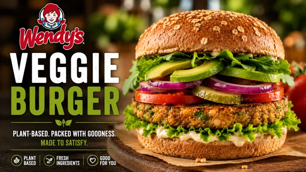 A veggie burger placed on a rustic wooden table, showcasing fresh ingredients and a toasted bun.