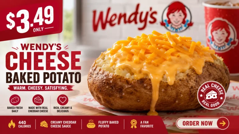 A Wendy's cheese baked potato topped with melted cheese and chives, served in a white bowl on a wooden table.