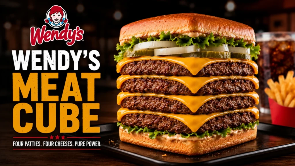 A close-up of a Wendy's meat cube, showcasing its juicy texture and rich color, placed on a wooden cutting board.