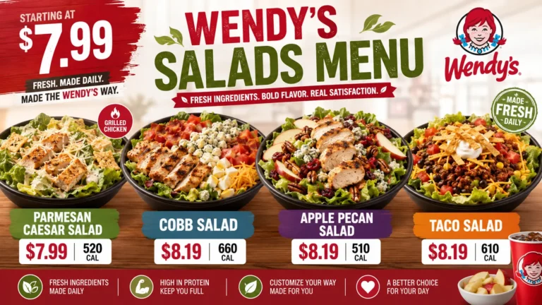 A display of Wendy's salads menu featuring different salad choices for customers at Wendy's.