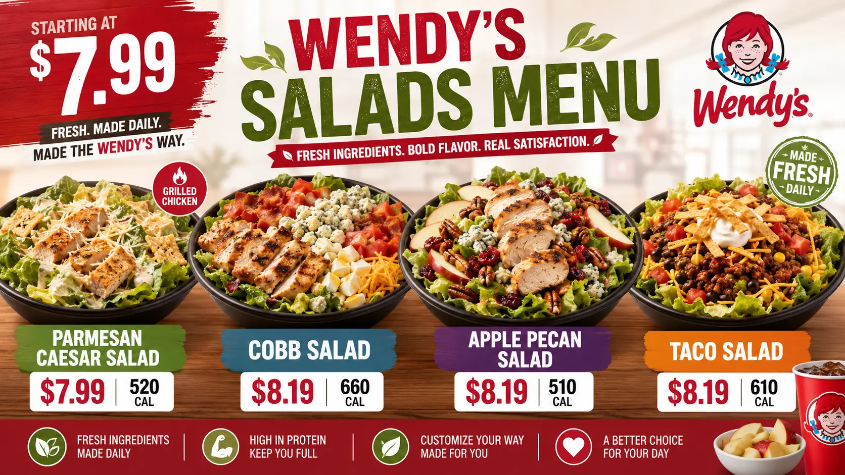 A display of Wendy's salads menu featuring different salad choices for customers at Wendy's.