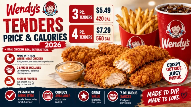 Visual representation of Wendy's tenders, including pricing and calorie count information.
