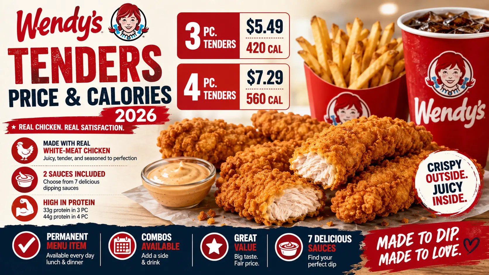 Visual representation of Wendy's tenders, including pricing and calorie count information.